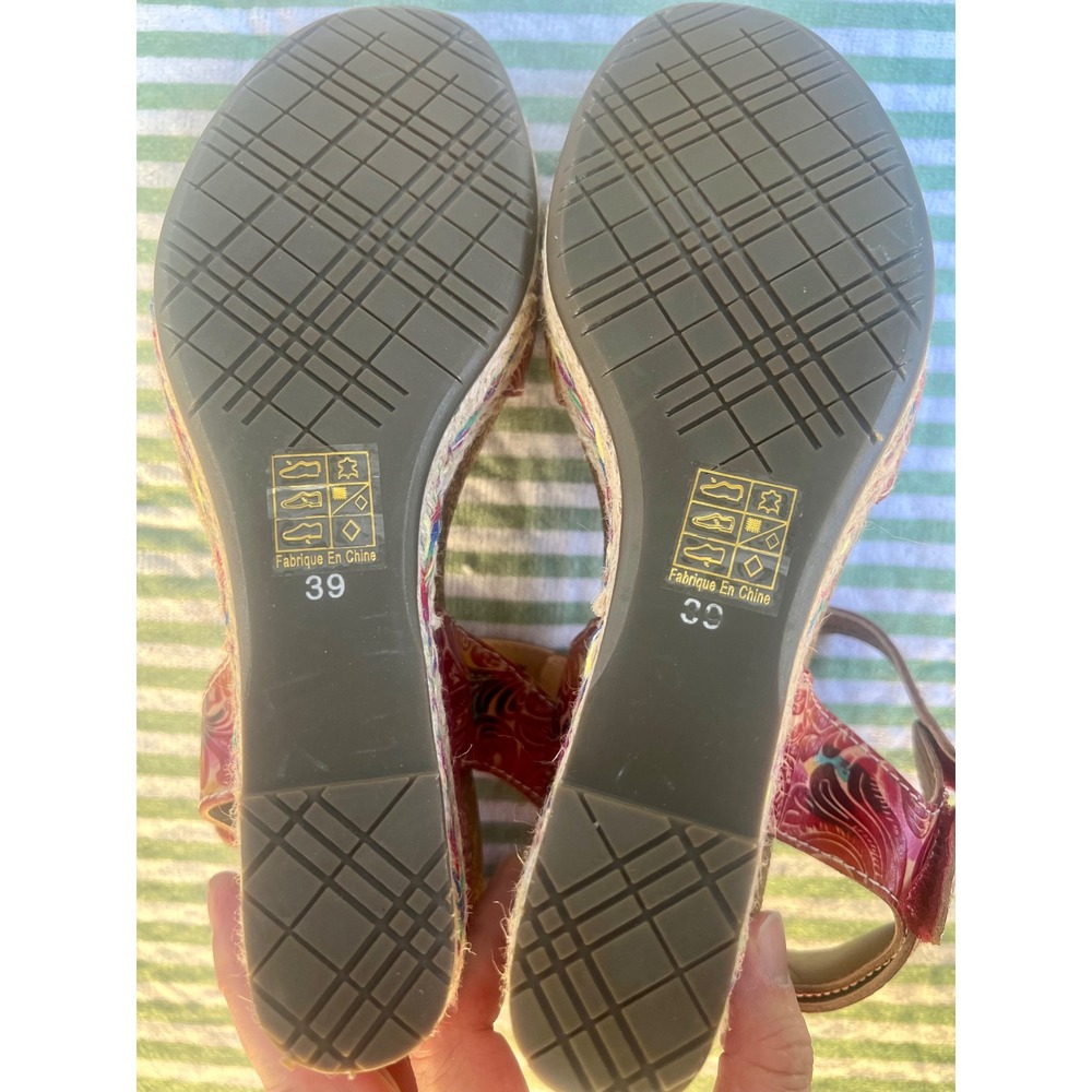 Spring Step LArtiste Red Floral Leather Wedge Sandals Sunflower Womens 39 NEW - Picture 7 of 8